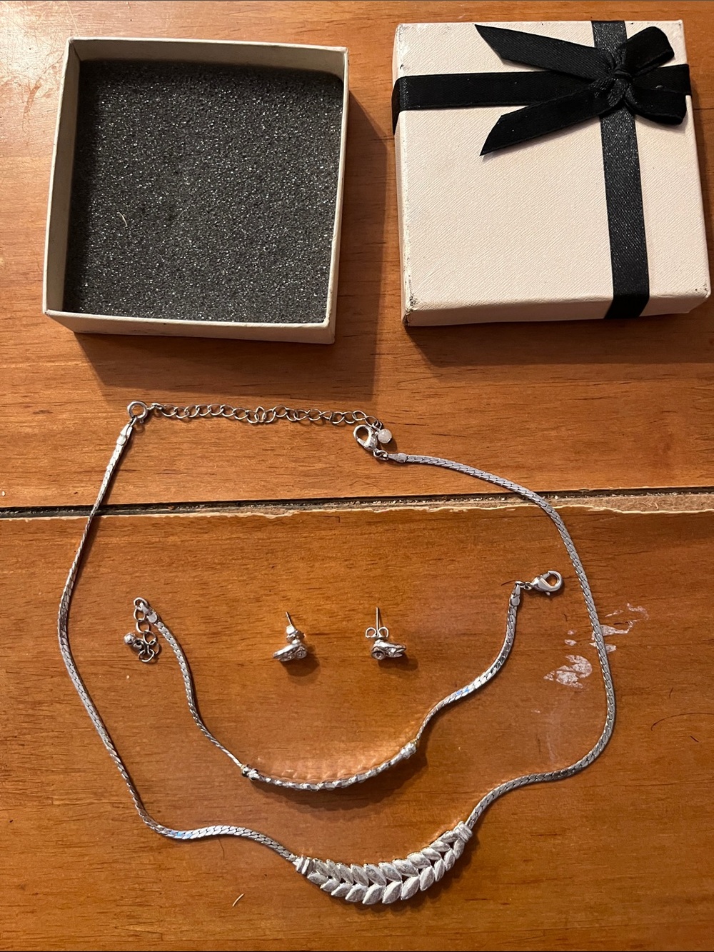 Silver Leaf Necklace and Stud Earrings Set - Women Jewelry